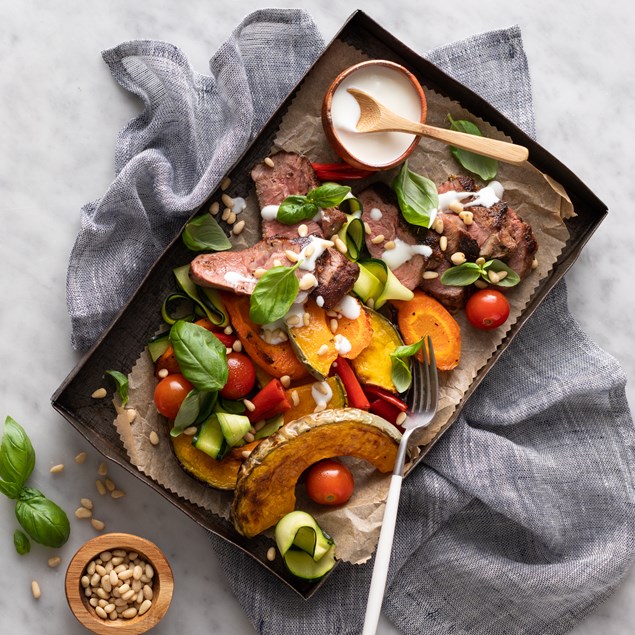 Lamb Rump Steak with Mediterranean veggies and feta