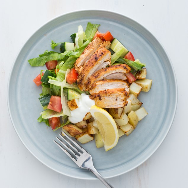 Tandoori Chicken Saladwith Garlic Roasties and Yoghurt