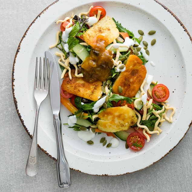 Indian-Spiced Halloumi Salad with Mango Chutney and Crispy Noodles