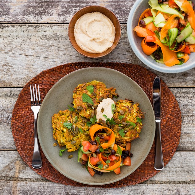 Kumara Rosti with Moroccan Salad and Hummus 