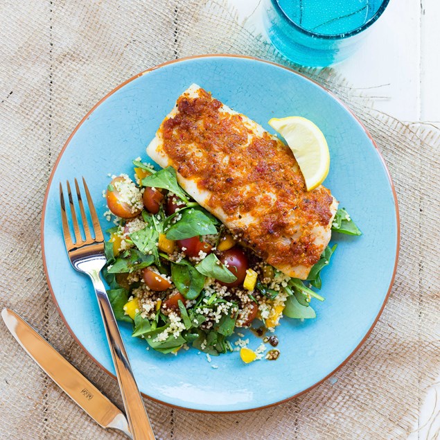 Sundried Tomato Pesto-Baked Fish with Couscous Salad