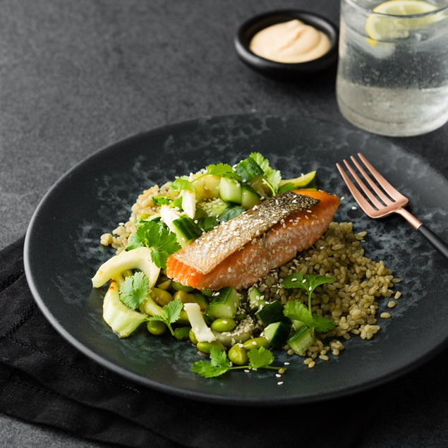 Sesame Salmon with Bamboo Infused Rice and Sriracha Cream
