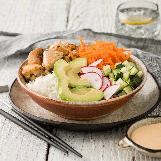 Chicken Poke Bowl with Avocado & Sriracha Mayo