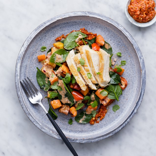 Chicken and Roast Capsicum Pesto with Kumara Salad