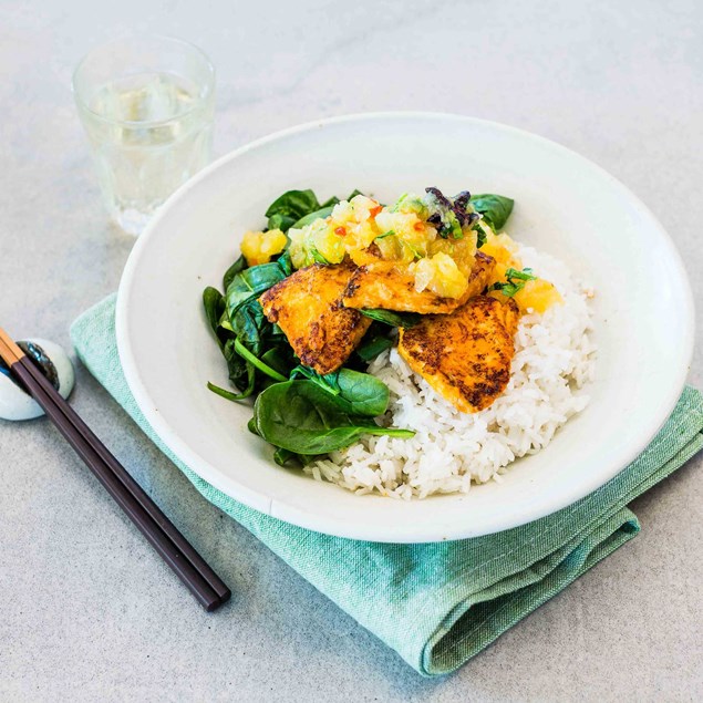 Red Curry Spiced Fish with Coconut Rice and Pineapple and Star Anise Chutney