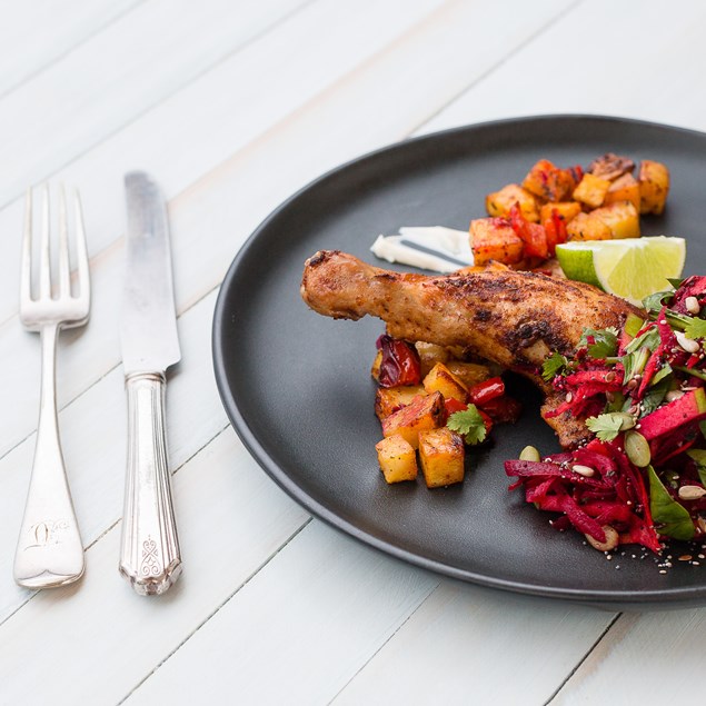 Portuguese Chicken Maryland with Super Seed Beet Slaw and Lime Spiked Sour Cream