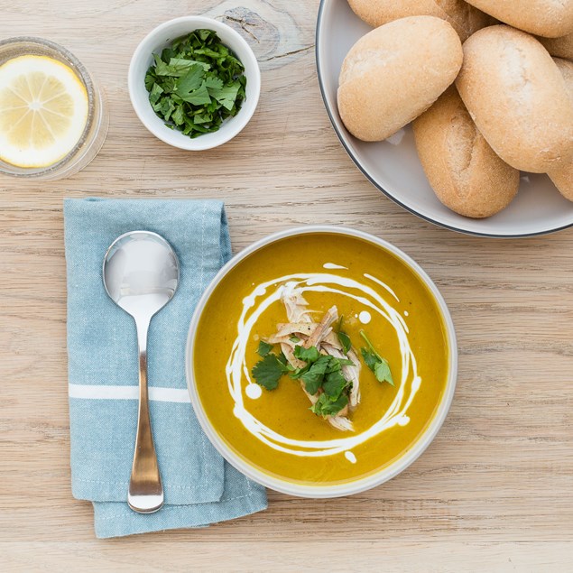 Indian Roast Chicken and Pumpkin Soup with Mini Dinner Rolls