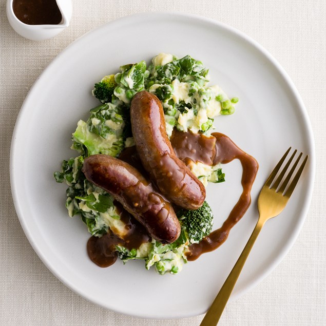Bangers and Green Mash with Onion Gravy