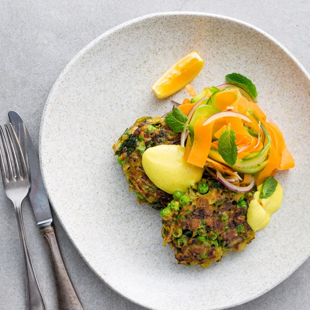 Indian-Spiced Pea Fritters with Ribbon Salad and Curried Yoghurt