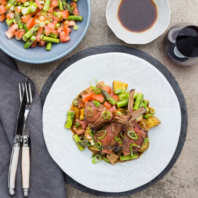 Lamb Rack with Gold Kumara And Tomato, Mint and Asparagus Salad