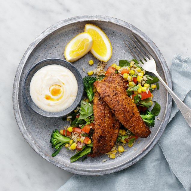 Cajun Style Blackened Fish with Veggie-Packed Rice & Mango Yoghurt