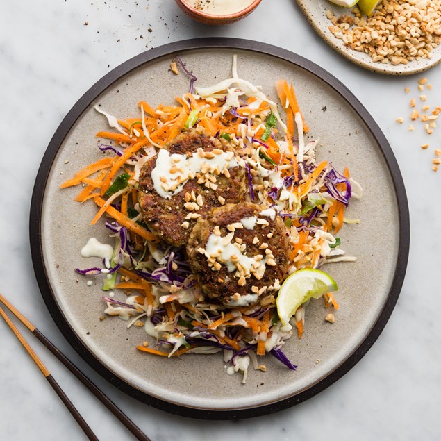 Thai Lentil Cakes with Asian Slaw and Makrut Emulsion