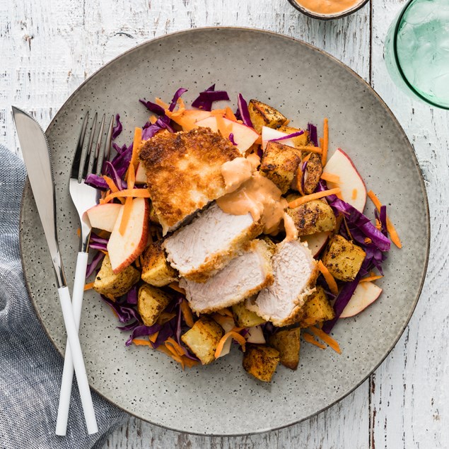 Crumbed Pork Steaks with Spiced Potatoes & Slaw