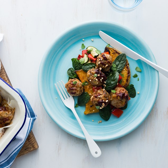 Asian Pork Meatballs with Pumpkin Wedges