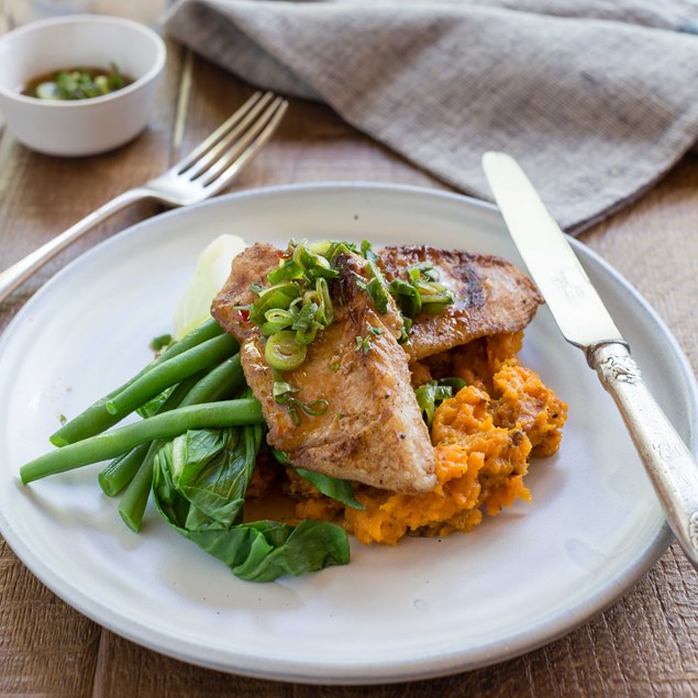 Pan-Fried Fish with Smashed Miso Kumara, Greens and Chilli Dressing