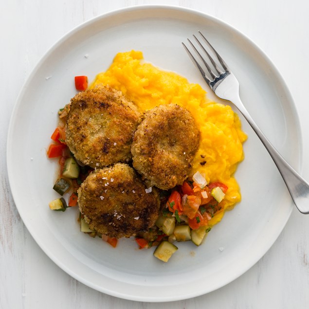 Lamb and Cheese Rissoles with Pumpkin and Sour Cream Mash