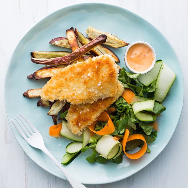 Crumbed Fish with Honey Kumara and Crunchy Salad 