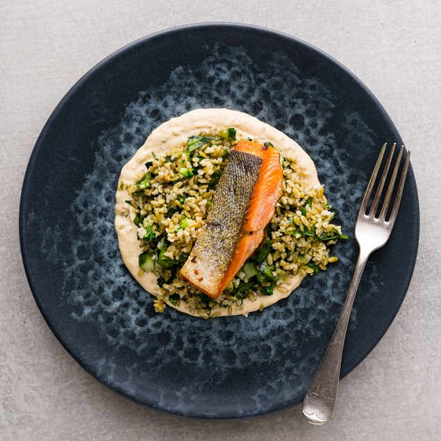 Chermoula Salmon with Smoked Almond Freekeh Salad