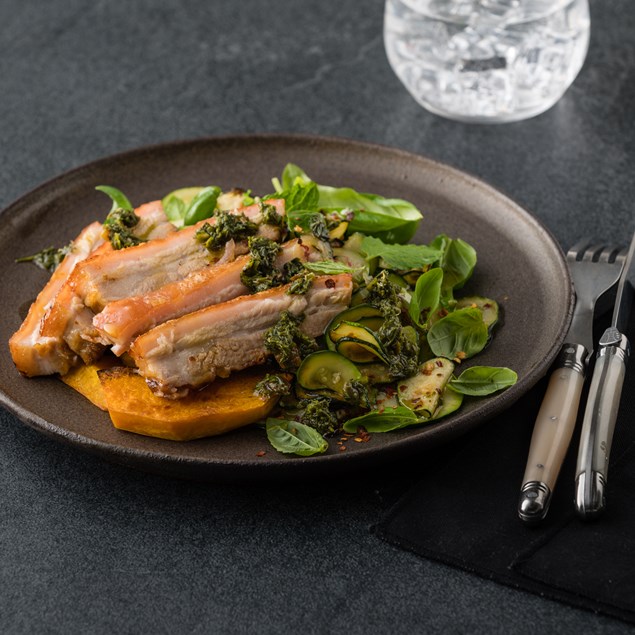 Roasted Pork Belly with Garlic Fried Courgette & Waiheke Italian Herbs