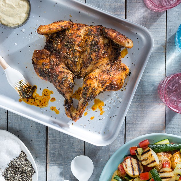 Chermoula Butterflied Chicken with Potato and Grilled Courgette Salad