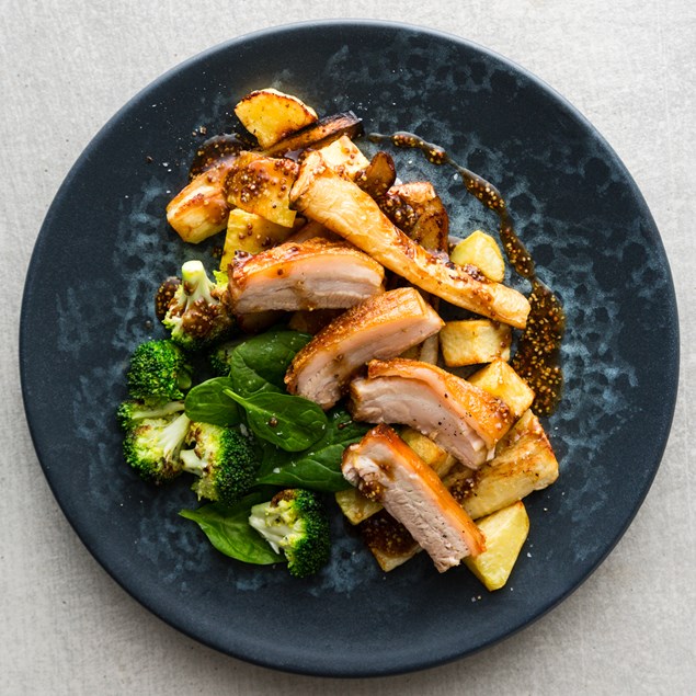 Roasted Pork Belly with Parsnip, Pear and Mustard Jus