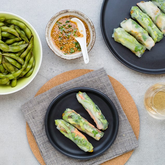 Chicken and Vegetable Rice Paper Rolls with Sesame Dipping Sauce