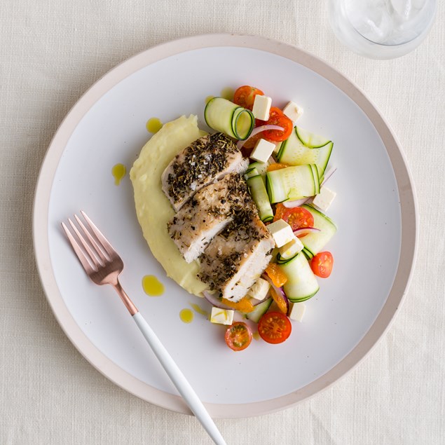 Greek Chicken with Mash and Salad