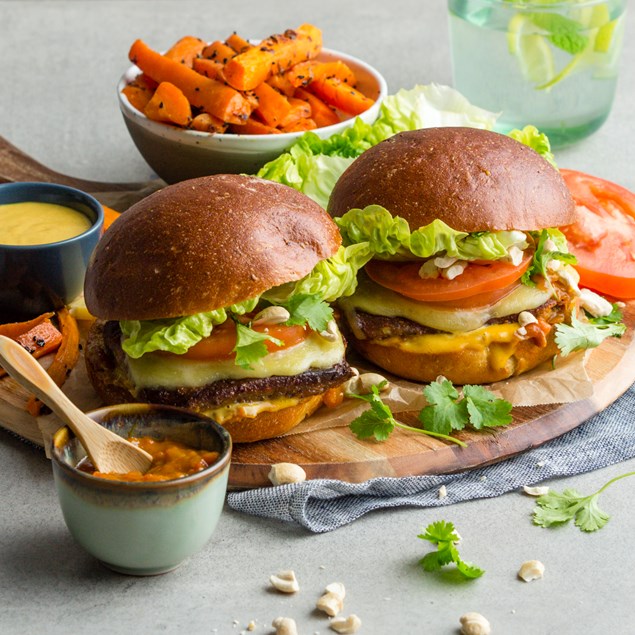Turmeric And Cumin Burgers with Chutney and Spiced Carrot Chips