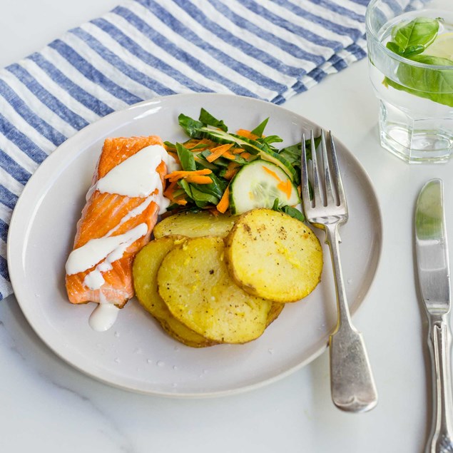 Pan-Fried Salmon with Lemon Mayo, Zesty Potato Rounds and Salad