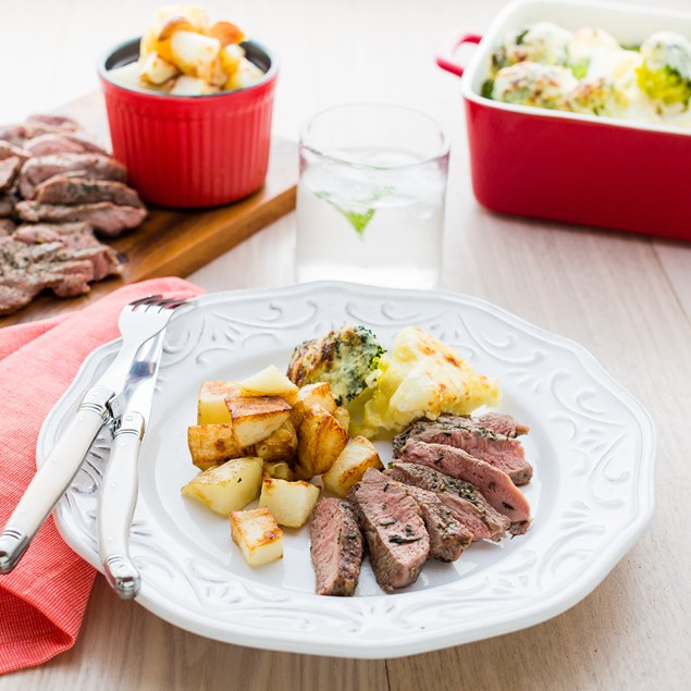 Lamb Rump with Garlic Roasties and Cauliflower Broccoli Cheese