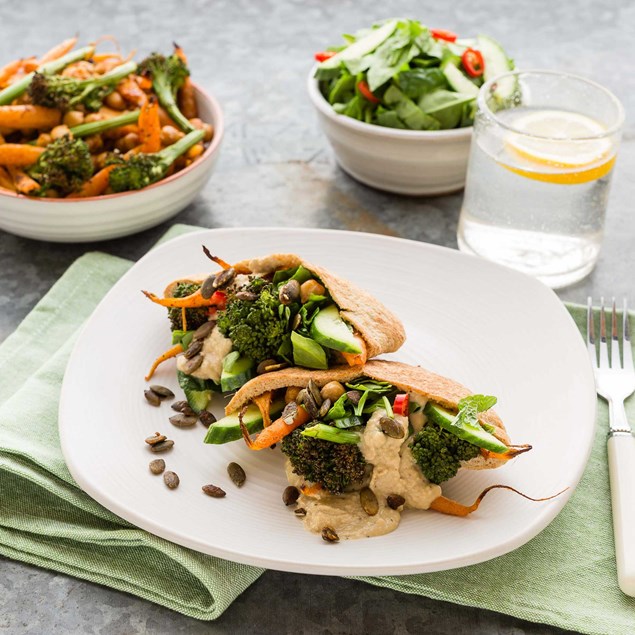 Roasted Baby Carrot and Chickpea Salad with Pita Breads and Hummus