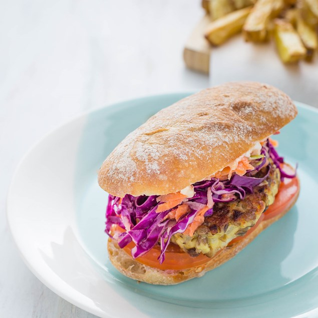Halloumi Burgers with Apple Slaw and Chunky Fries