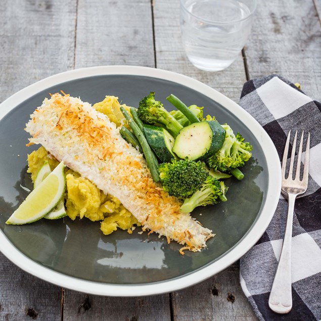 Coconut Panko-Crumbed Fish with Golden Kumara Mash and Roast Greens