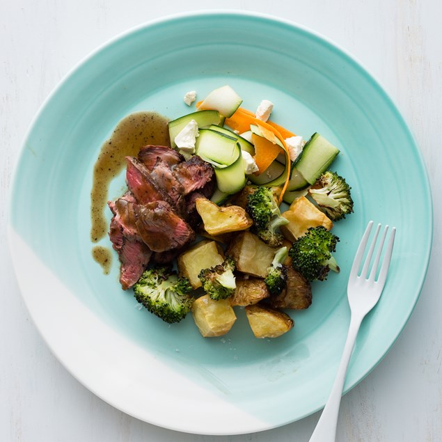 Marinated Beef with Roasties and Feta Salad