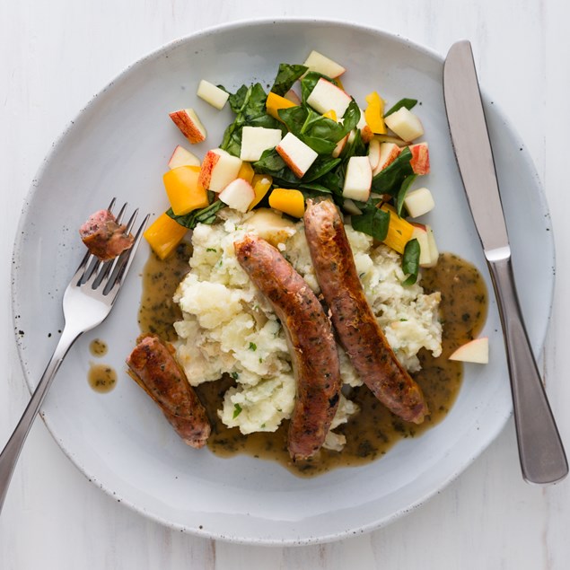 Pork Toulouse Sausages and Sour Cream Smash with Onion Gravy