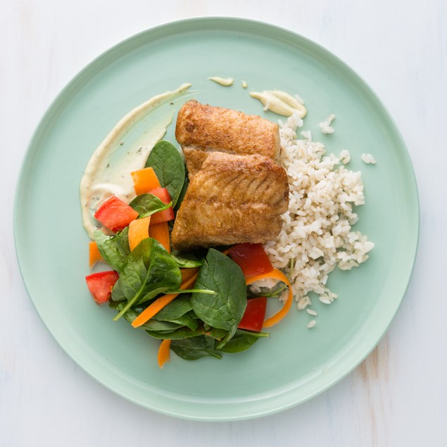 Spiced Fish with Jasmine Rice and Chermoula Mayo