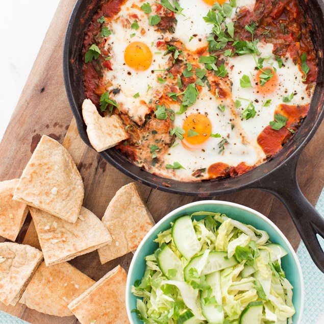 Spanish Baked Eggs with Crispy Pitas and Salad