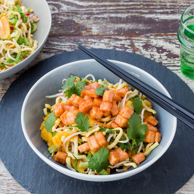 Char Siu Glazed Tofu with Crispy Noodle and Vegetable Salad