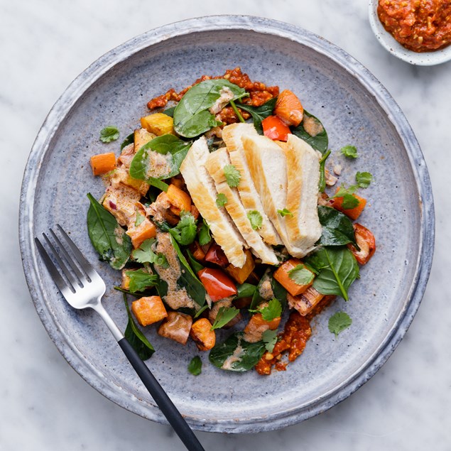 Chicken & Kumara Capsicum Salad with Roast Capsicum Pesto