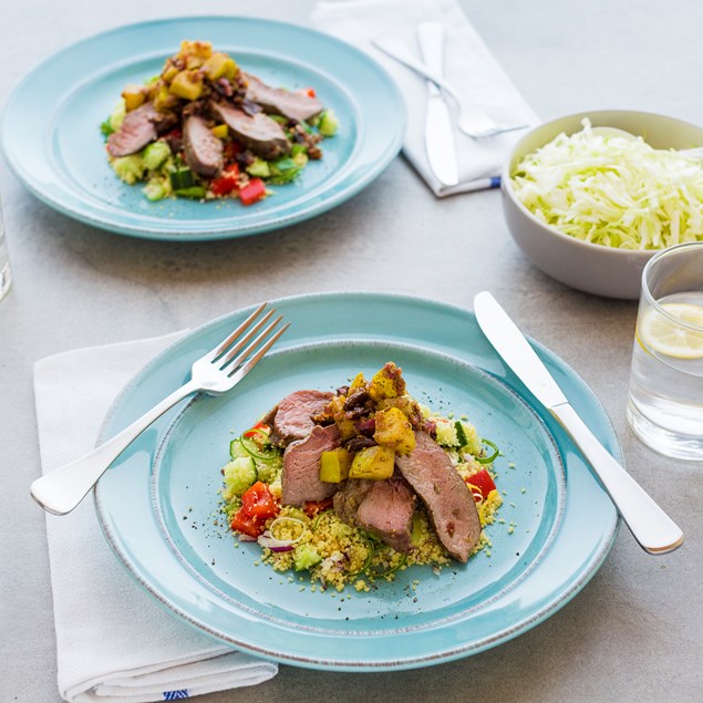 Lamb Rump Steaks with Warm Pear Salsa and Couscous Salad