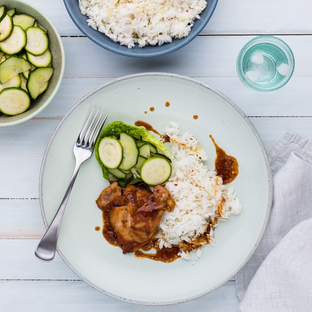 Huli-Huli Chicken with Pineapple Rice and Pickled Cucumber Salad