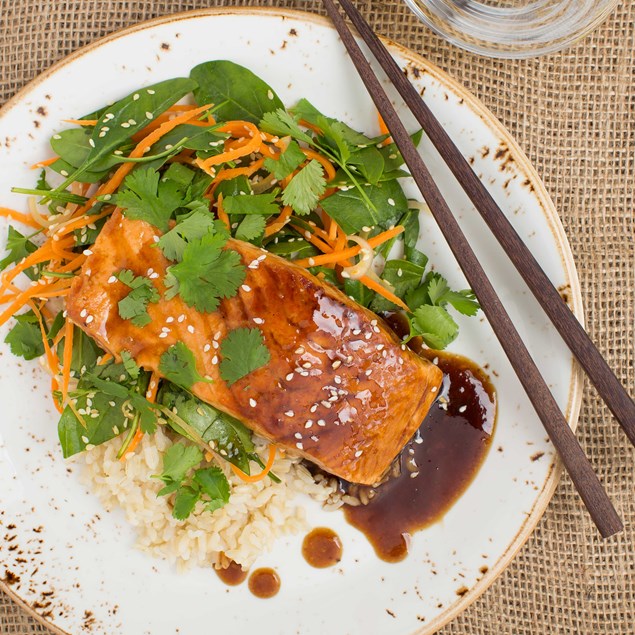 Teriyaki Salmon, Brown Rice and Sesame Spinach Slaw