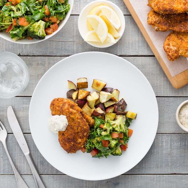 Cajun-Crumbed Chicken Schnitzel with Kumara Chunks