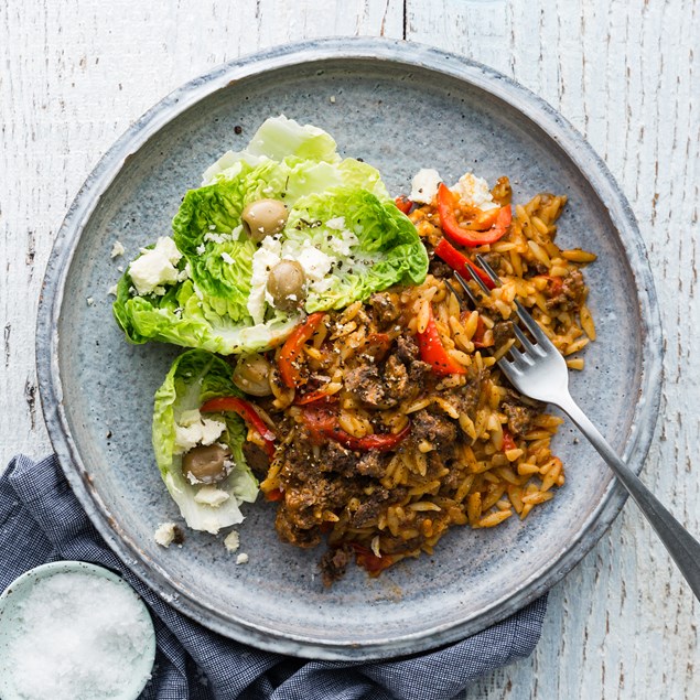 Spanish Lamb Orzo Risotto with Feta Salad 