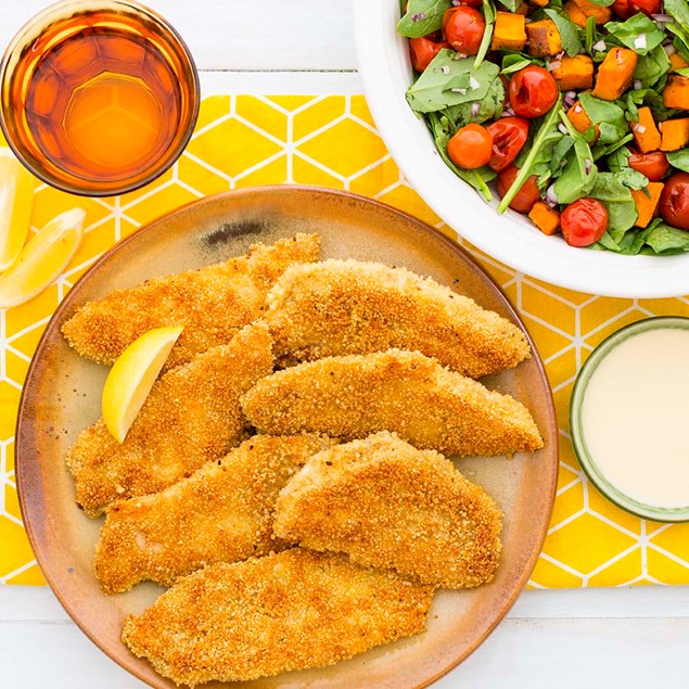 Couscous-Crusted Fish with Roast Vegetable Salad and Honey Mustard Mayo