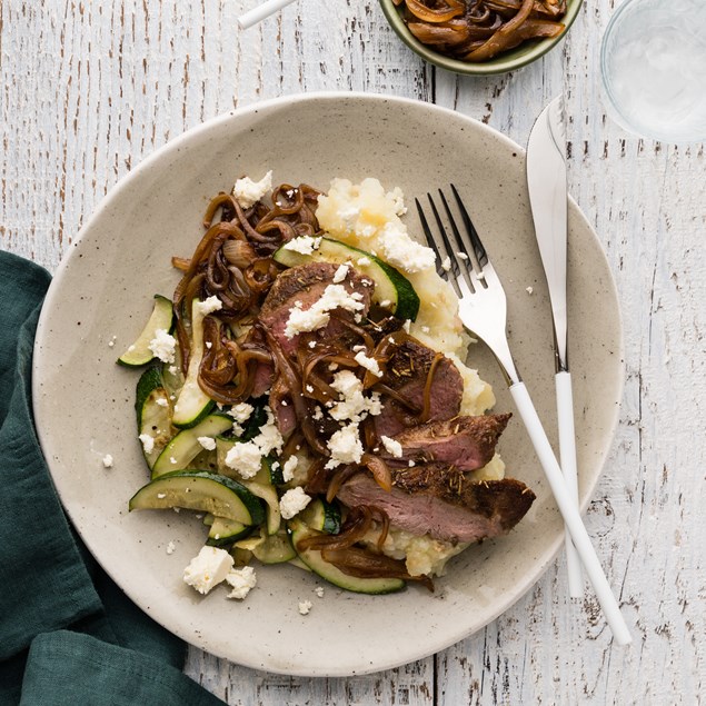 Lamb with Balsamic Onions and Veggie Mash