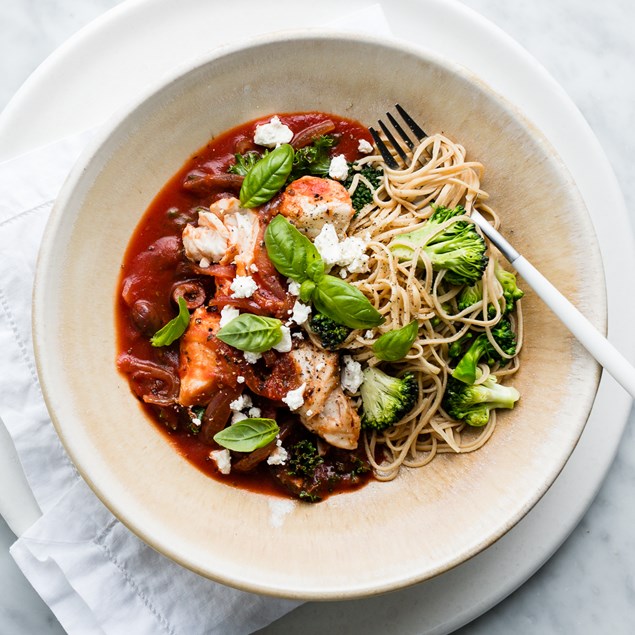 Italian Fish with Tomato Olive Sauce and Soybean Spaghetti