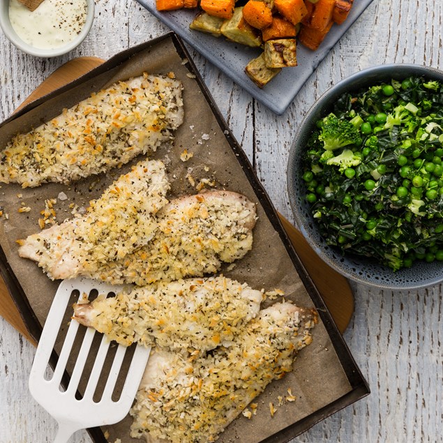 Lemon Herb Crumbed Fish with Garlic Roasties