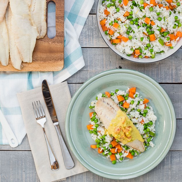 Pan-Fried Fish with Coconut Curry Sauce and Veggie Rice