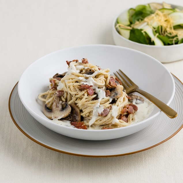 Carbonara with Pear and Spinach Salad